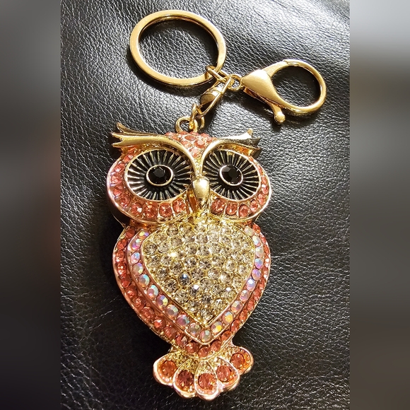 Pink and Gold Rhinestone Owl Keychain Purse Charm NWOT - Picture 2 of 9